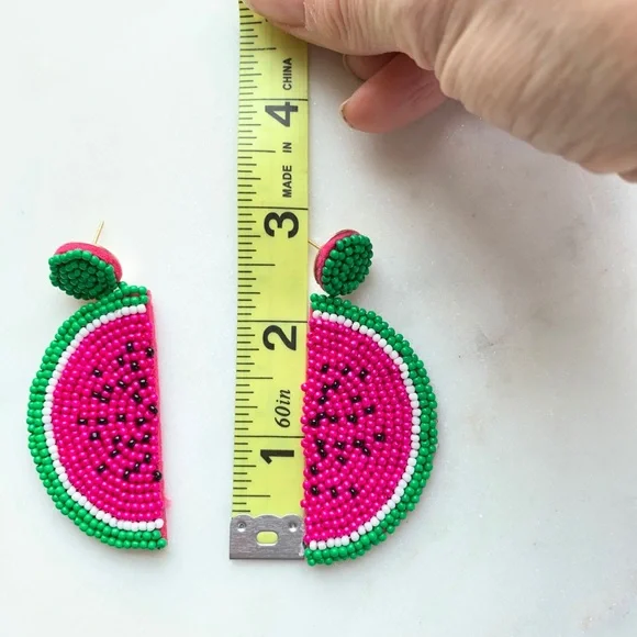 Watermelon Slice Seed Bead Dangle Earrings - Picture 7 of 7
